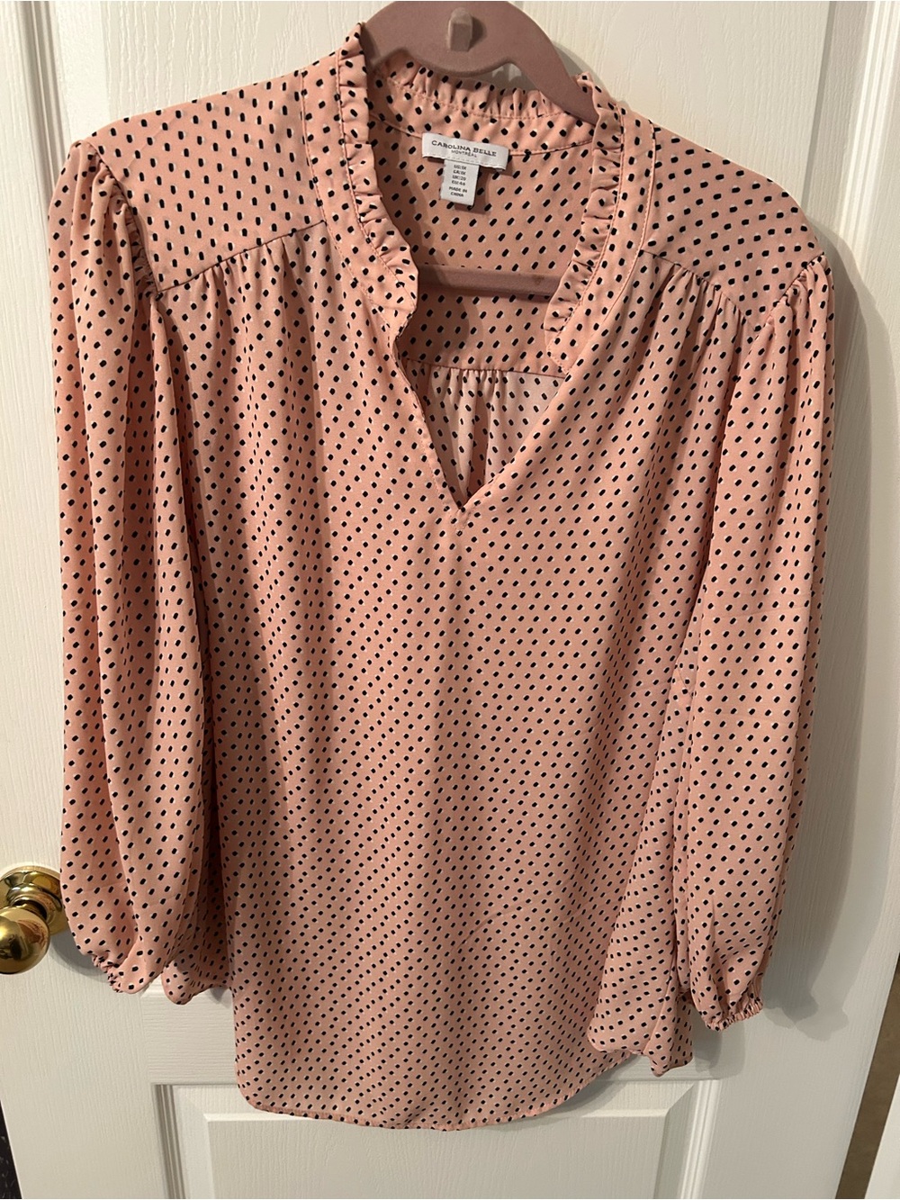 Carolina Belle Blush Pink Polka Dot Long Sleeve V-Neck Dress